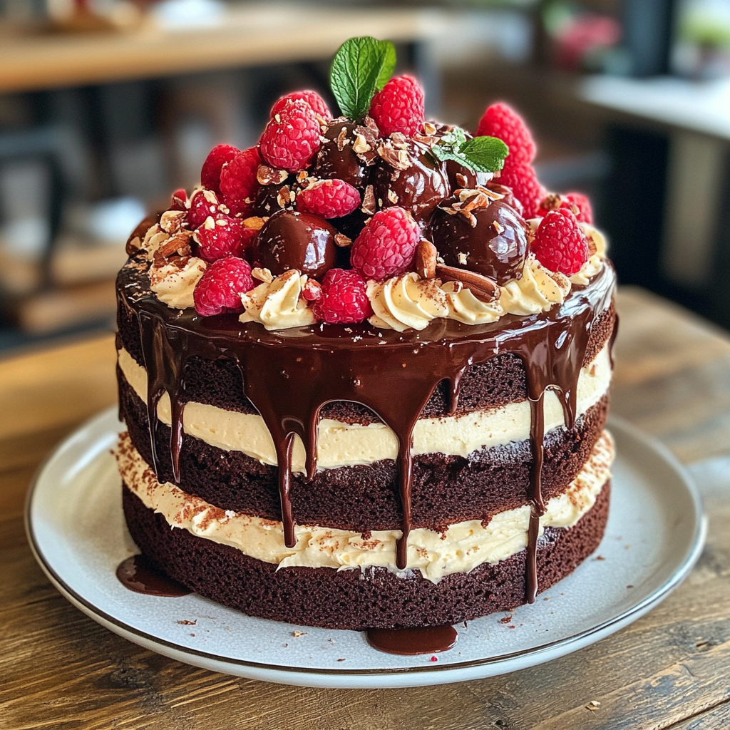Un pastel de chocolate sobre una mesa | Fuente: Midjourney