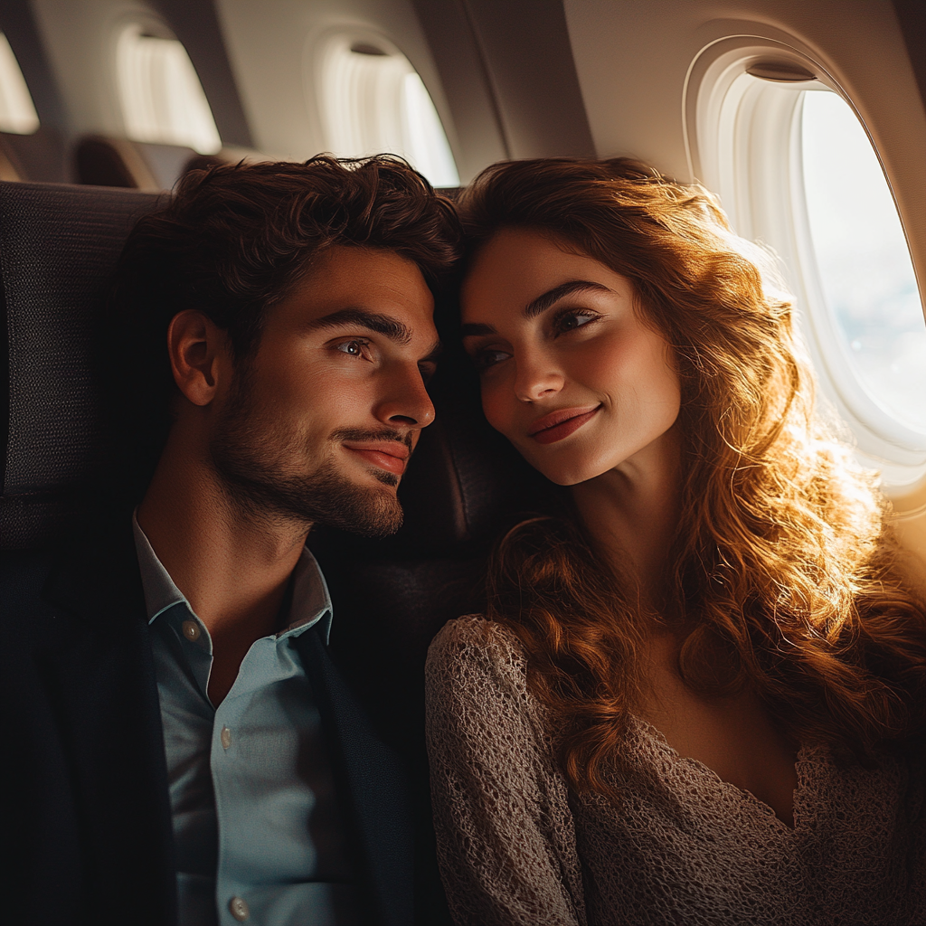 Una pareja feliz sentada en un avión | Fuente: Midjourney