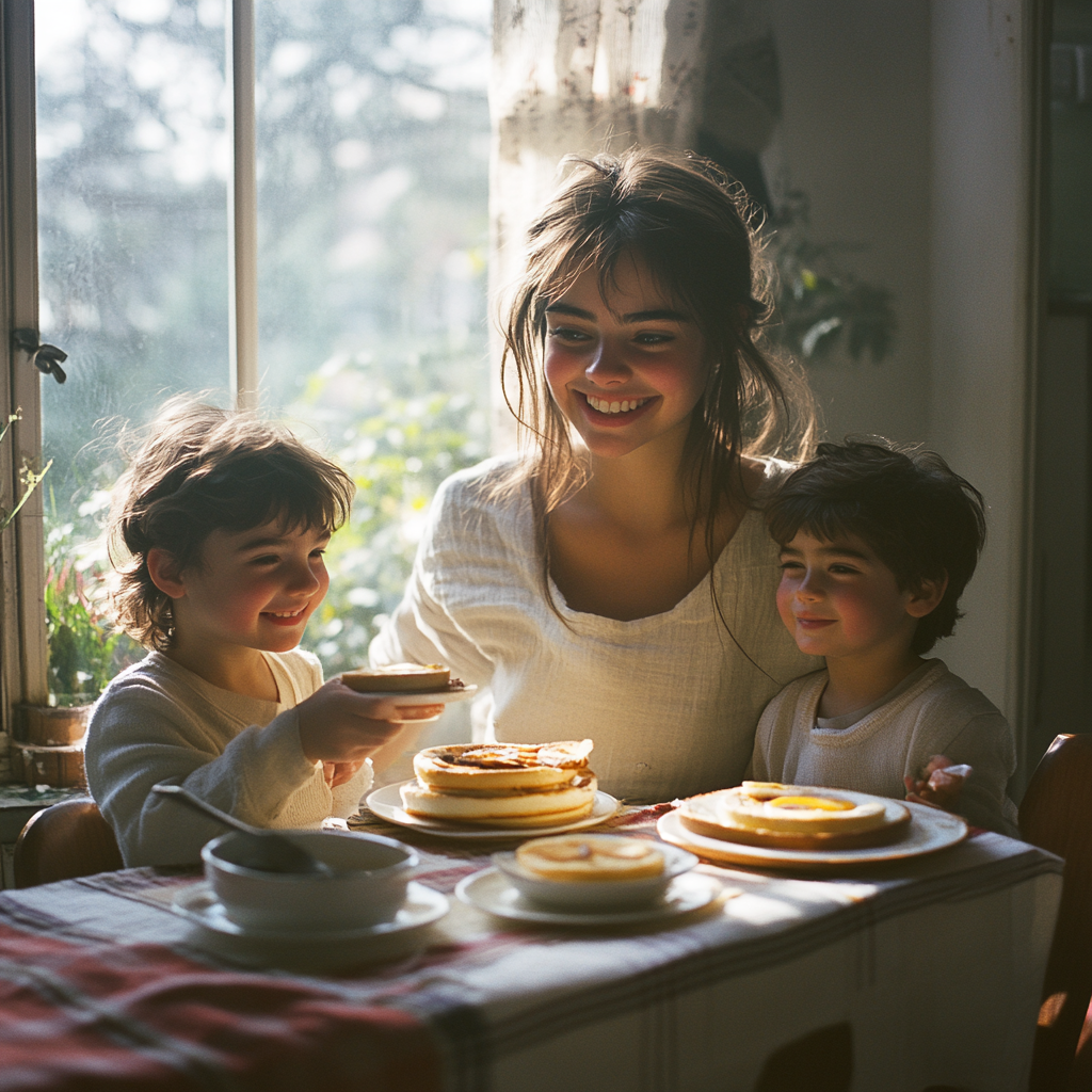 Una mujer sentada a la mesa del desayuno | Fuente: Midjourney