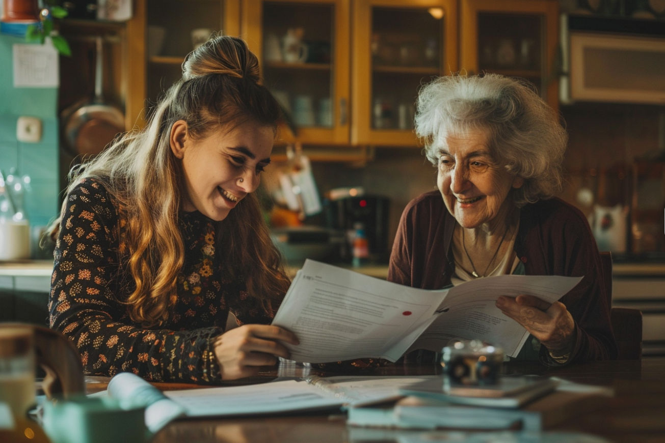 Una anciana feliz y su nieta hablando de papeleo | Fuente: Midjourney