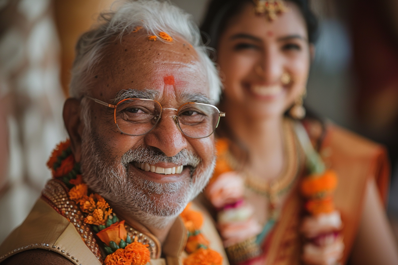 Un hombre maduro feliz en la boda de su hija | Fuente: Midjourney