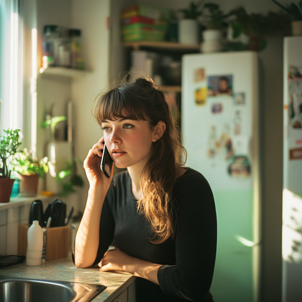 Mujer sentada en su cocina, hablando por teléfono | Fuente: Midjourney