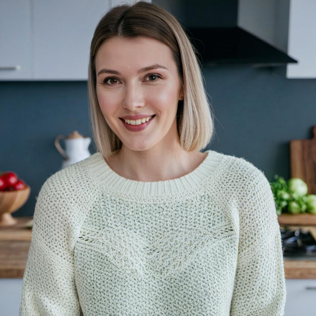 Una mujer sonriendo felizmente, de pie en una cocina | Fuente: Midjourney