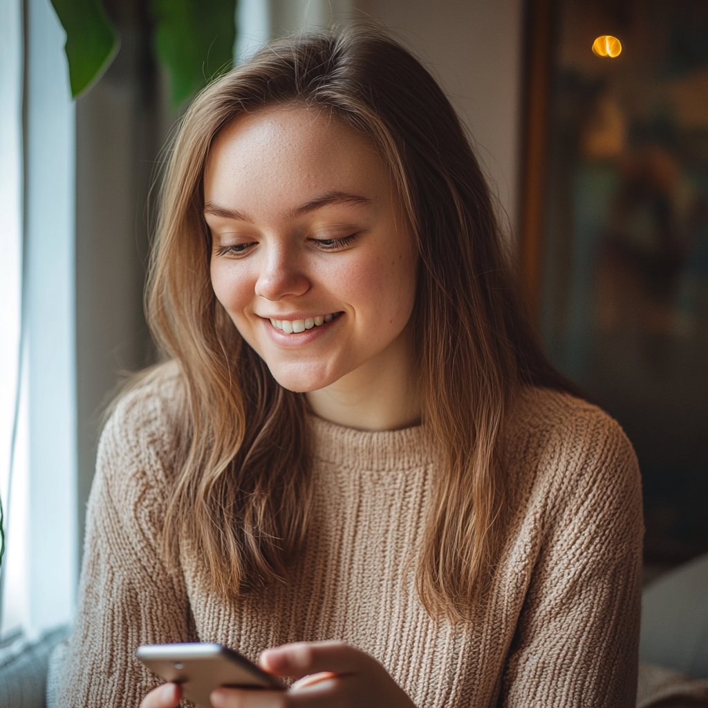 Una mujer sonríe mientras mira su teléfono | Fuente: Midjourney