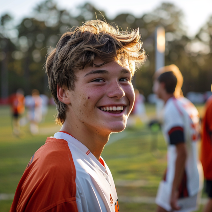 Un adolescente sonriente en el campo de fútbol | Fuente: Midjourney