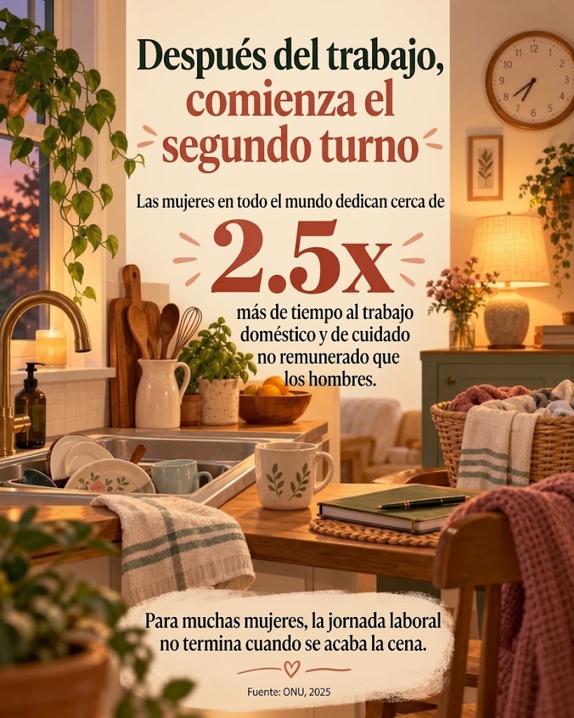 Para muchas mujeres, las tardes suponen otra ronda de cocinar, limpiar y cuidar de la familia, incluso después de un día entero de trabajo. | Fuente de datos: Naciones Unidas, 2025 | Ilustración: generada por IA.