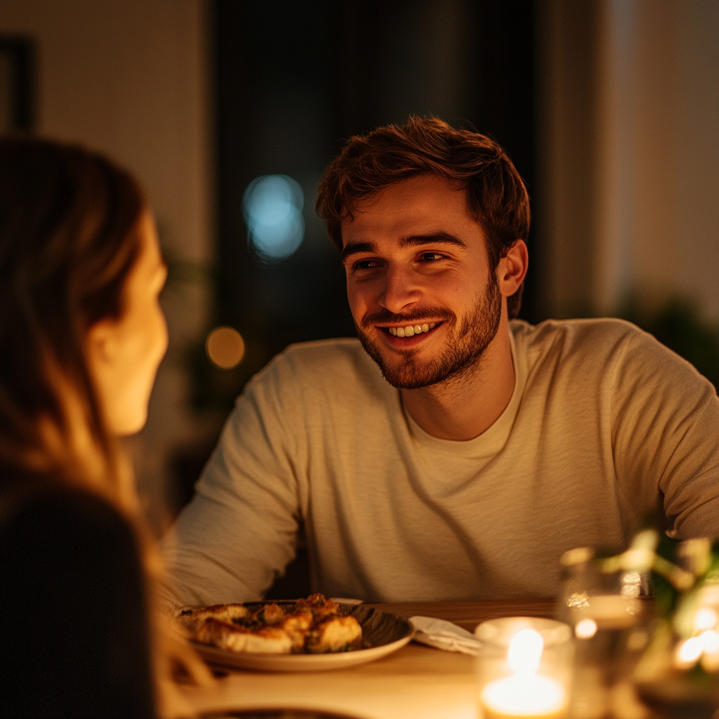 Un hombre sonriendo a una mujer durante la cena | Fuente: Midjourney