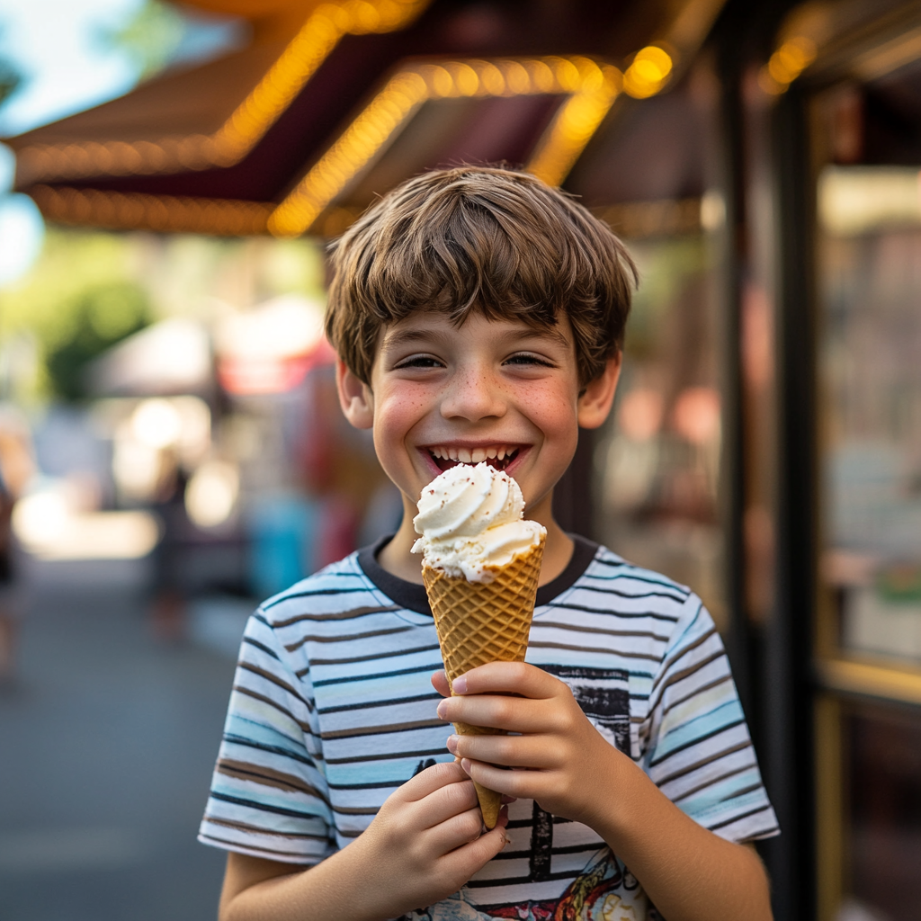 Un niño comiendo felizmente un cucurucho de helado | Fuente: Midjourney