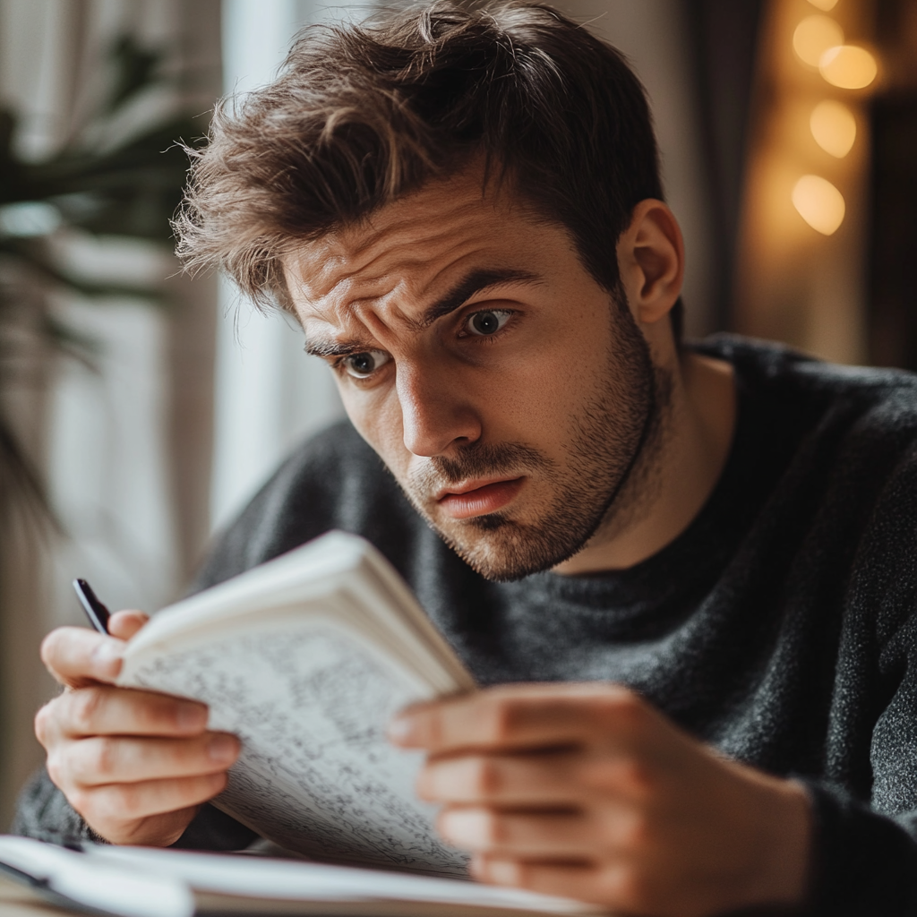 Un uomo perplesso che guarda un taccuino | Fonte: Midjourney