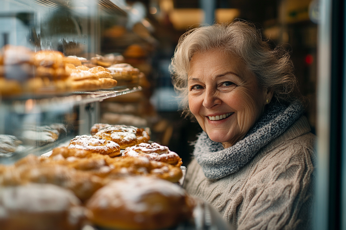 Una mujer examina productos de panadería en una vitrina | Fuente: Midjourney