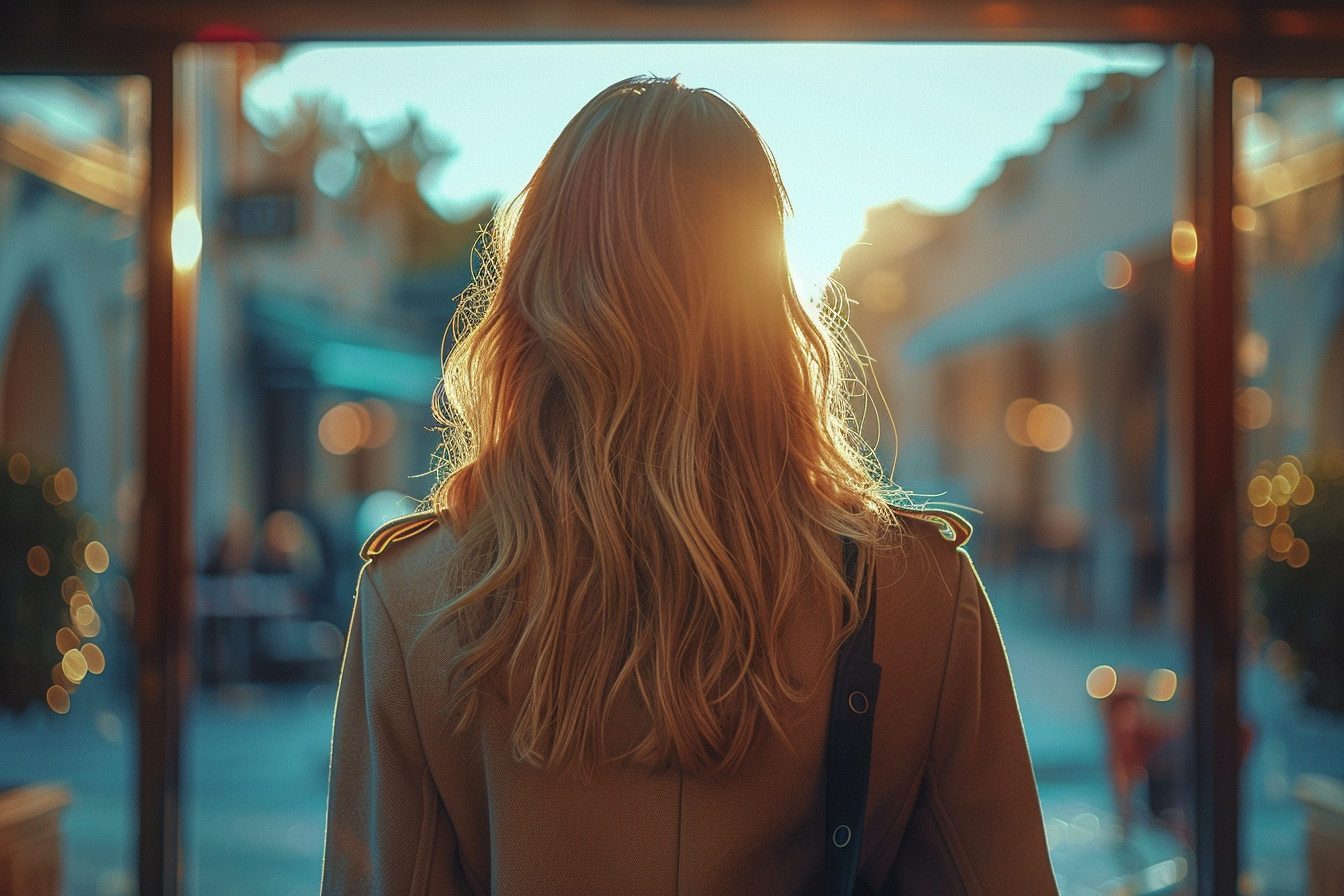 Una mujer saliendo de un edificio | Fuente: Midjourney