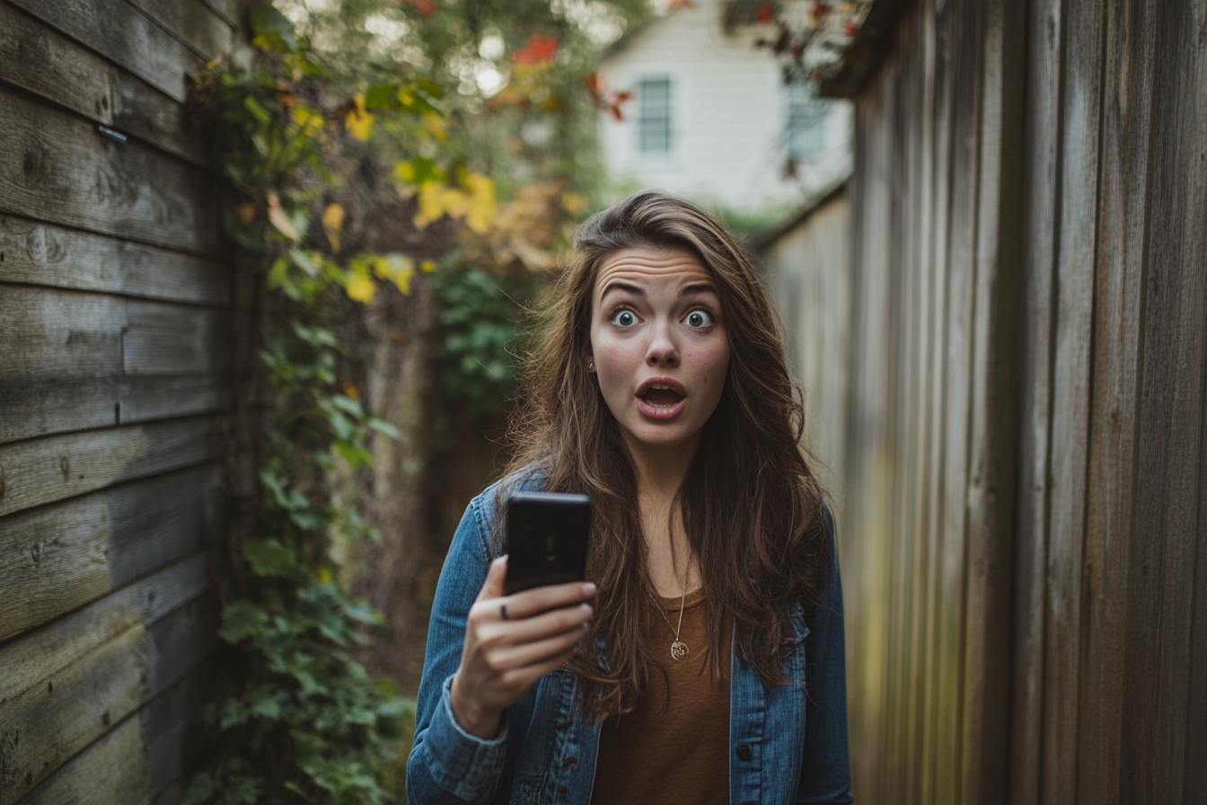 Una mujer conmocionada sosteniendo un teléfono | Fuente: Midjourney