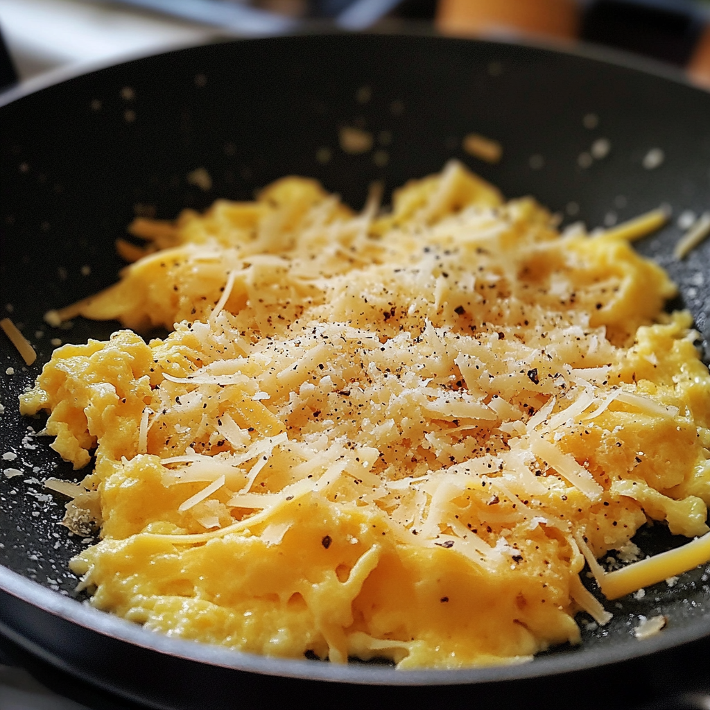 Huevos revueltos con queso en una sartén | Fuente: Midjourney