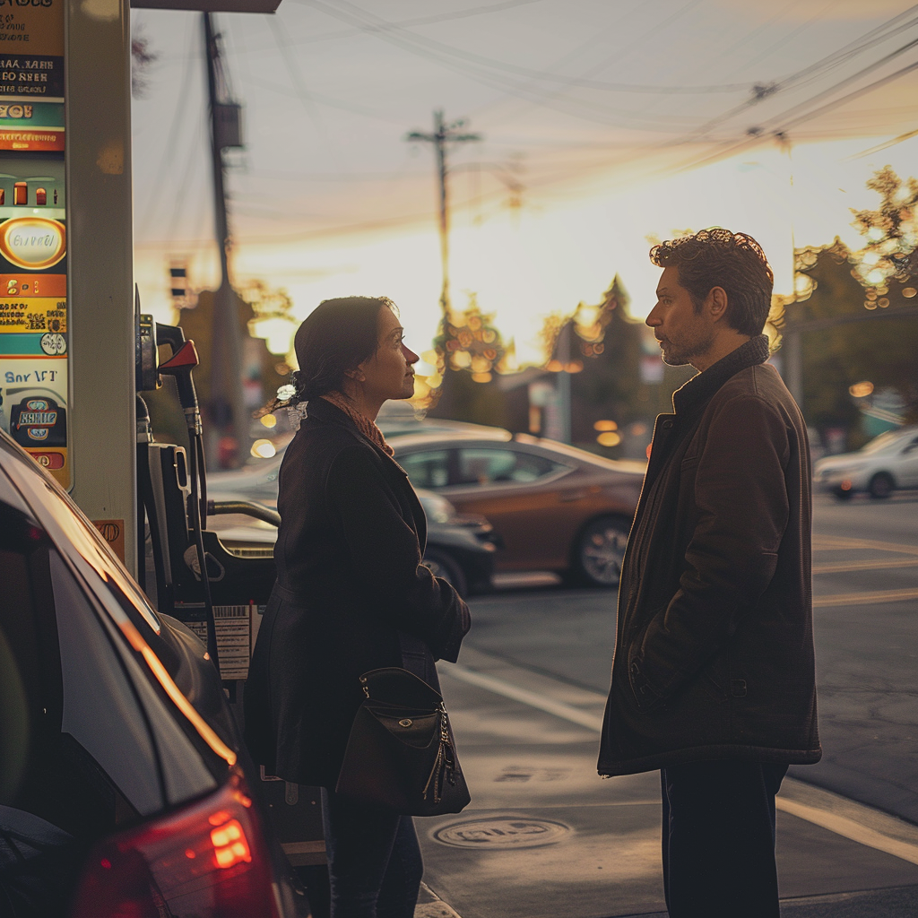 Daina conversando con un hombre en una gasolinera | Fuente: Midjourney