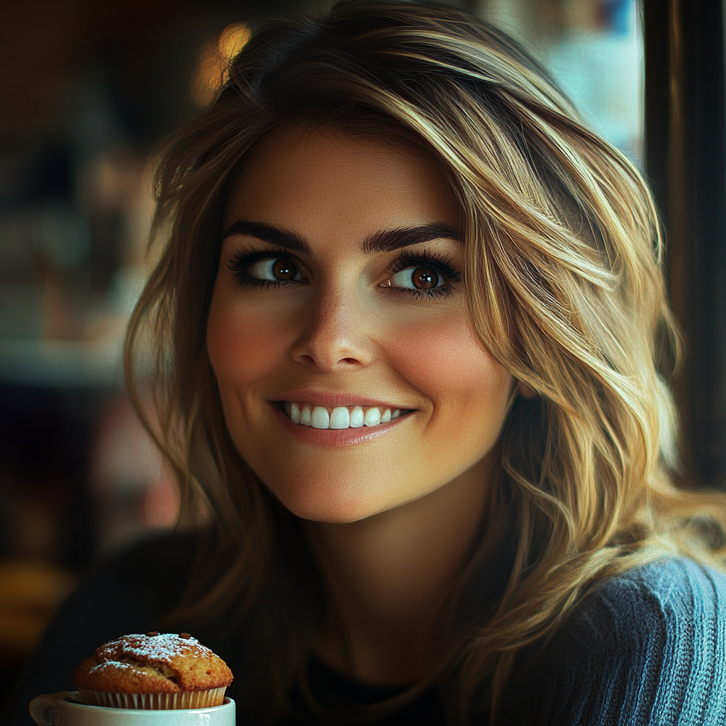 Una mujer sonriente comiendo una magdalena en una cafetería | Fuente: Midjourney