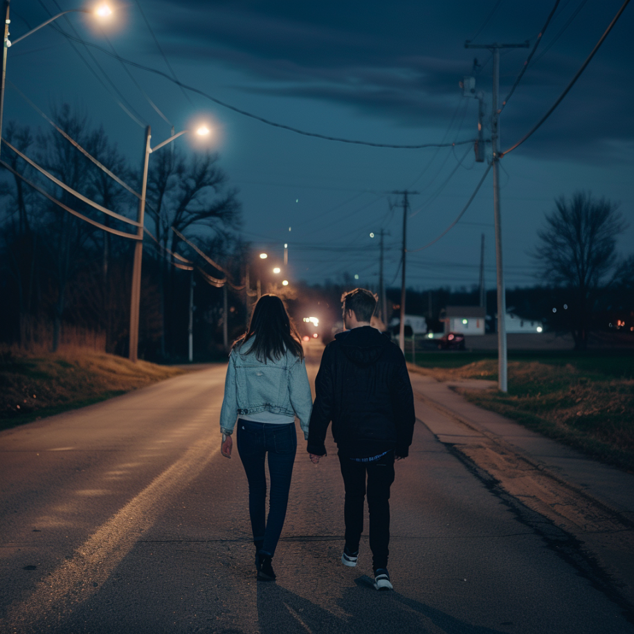 Una pareja caminando por la carretera de noche | Fuente: Midjourney