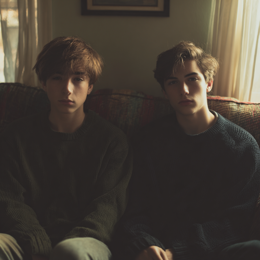 Due gemelli seduti su un divano | Fonte: Midjourney