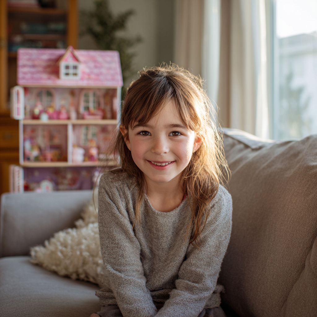 Una niña sonriente sentada en un sofá | Fuente: Midjourney