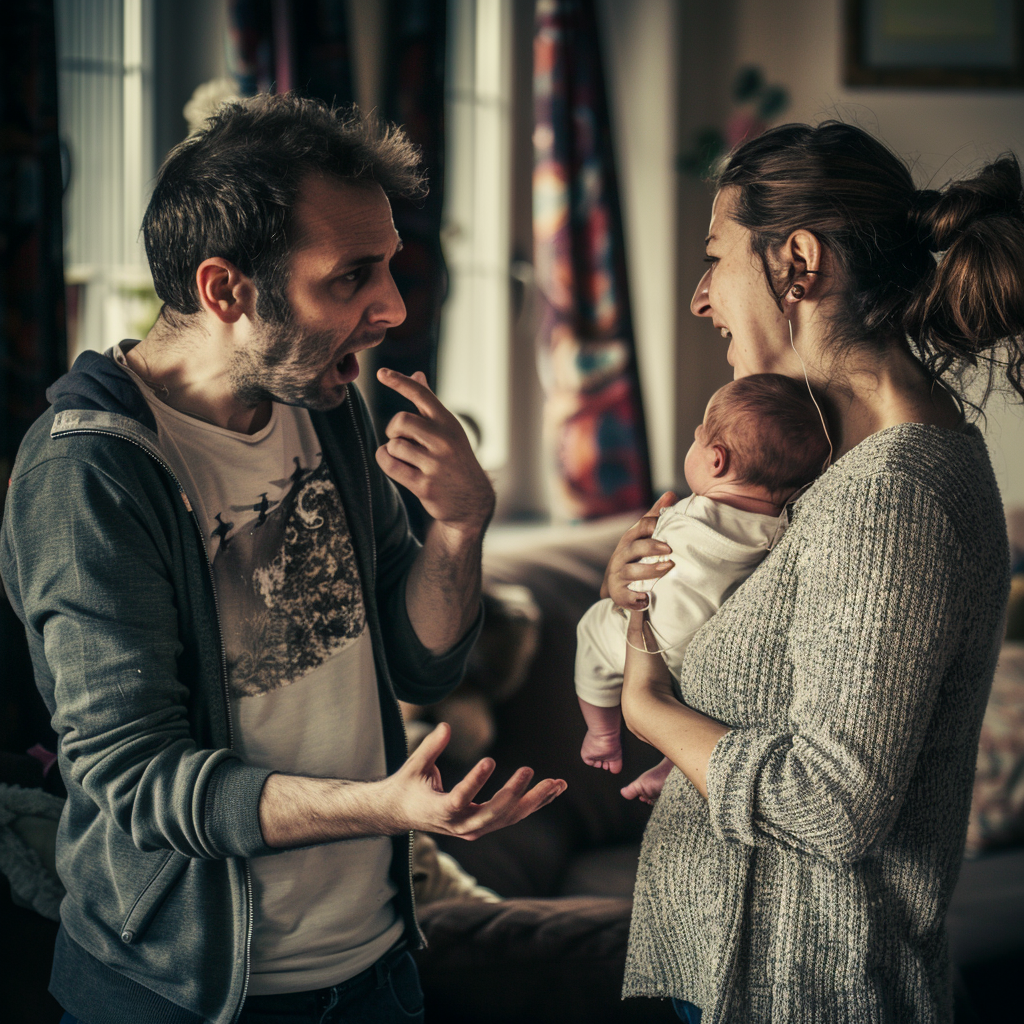 Sarah con un bebé en brazos mientras habla con Tom | Fuente: Midjourney
