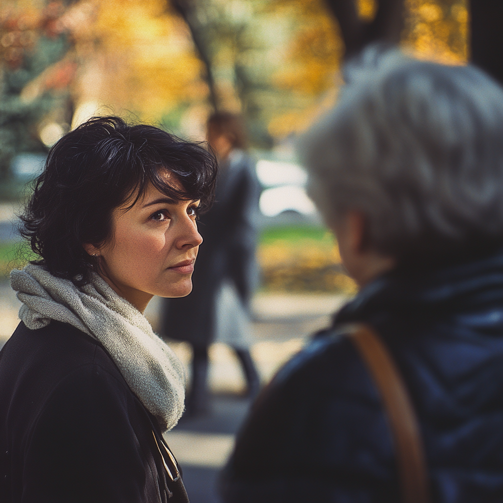 Mujer en el parque mirando fijamente a una mujer mayor | Fuente: Midjourney