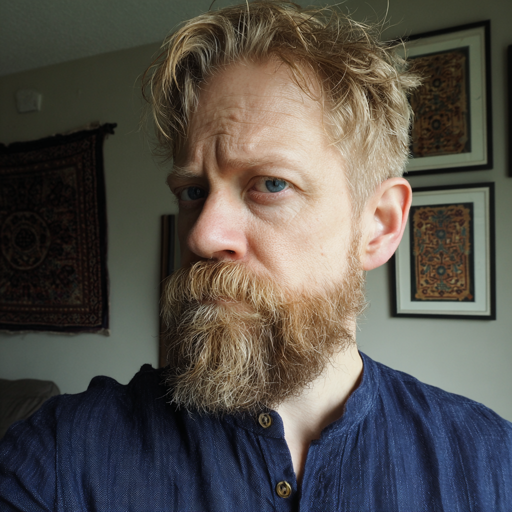 Un uomo accigliato che indossa una camicia di lino color navy | Fonte: Midjourney