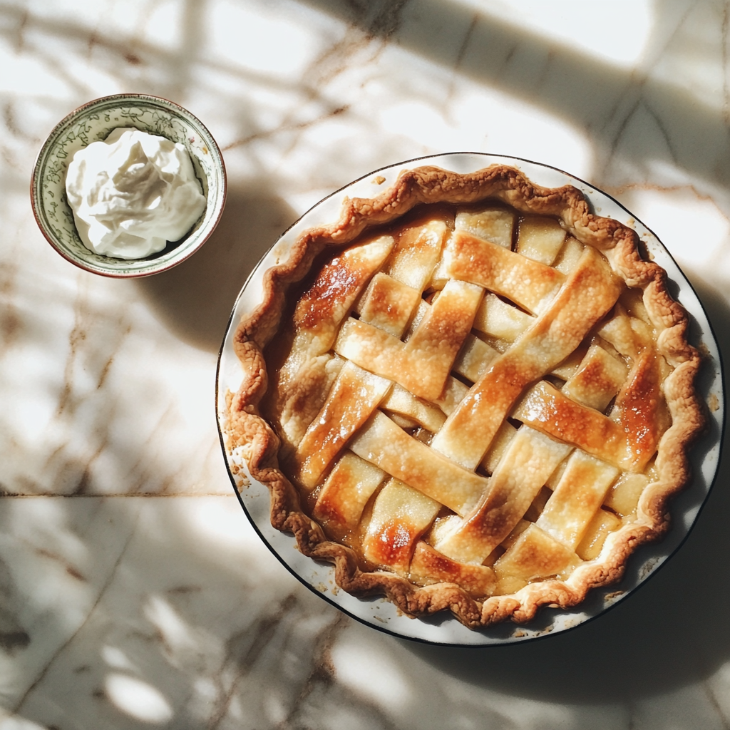 Una tarta de manzana sobre una mesa | Fuente: Midjourney