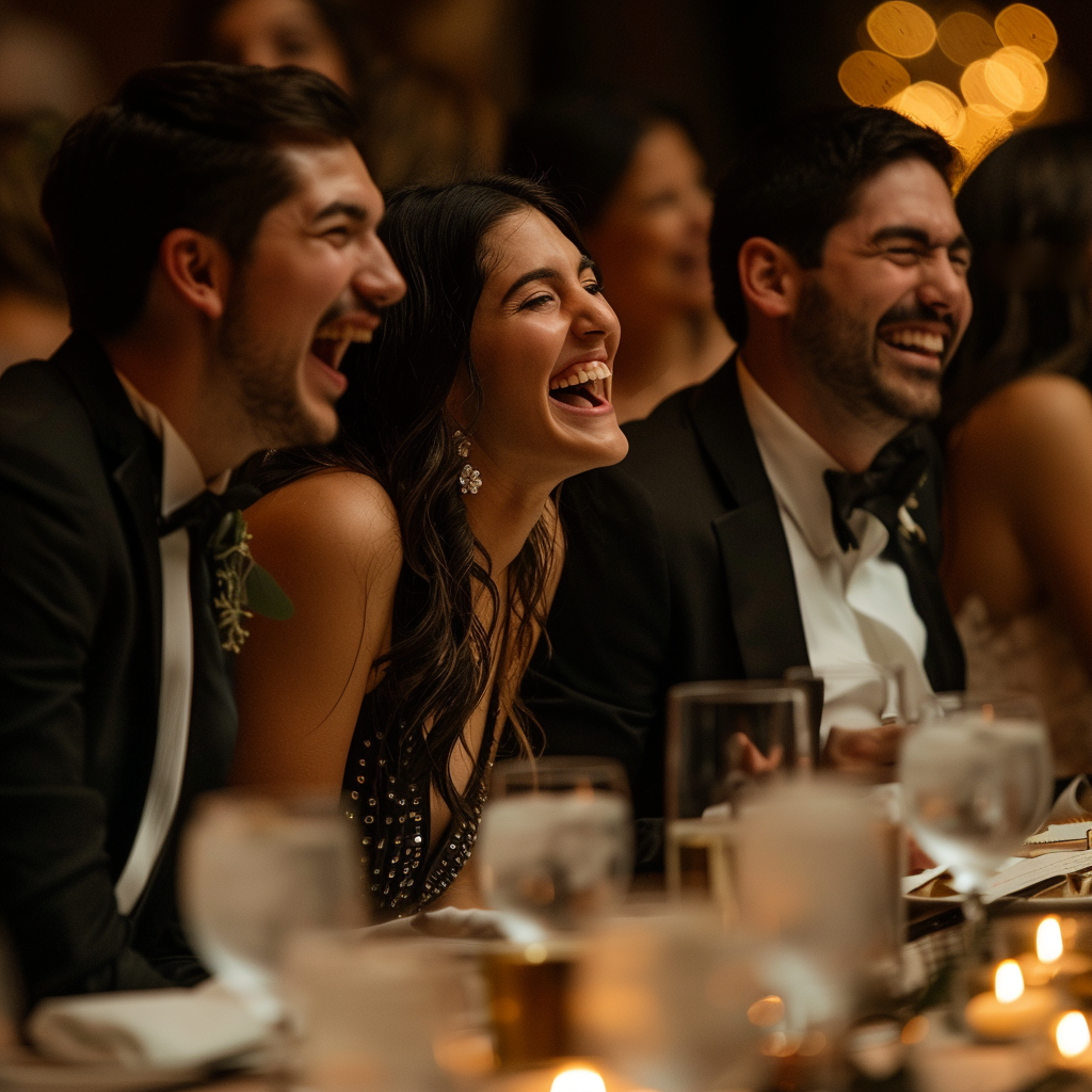 Invitados riendo en una boda | Fuente: Midjourney