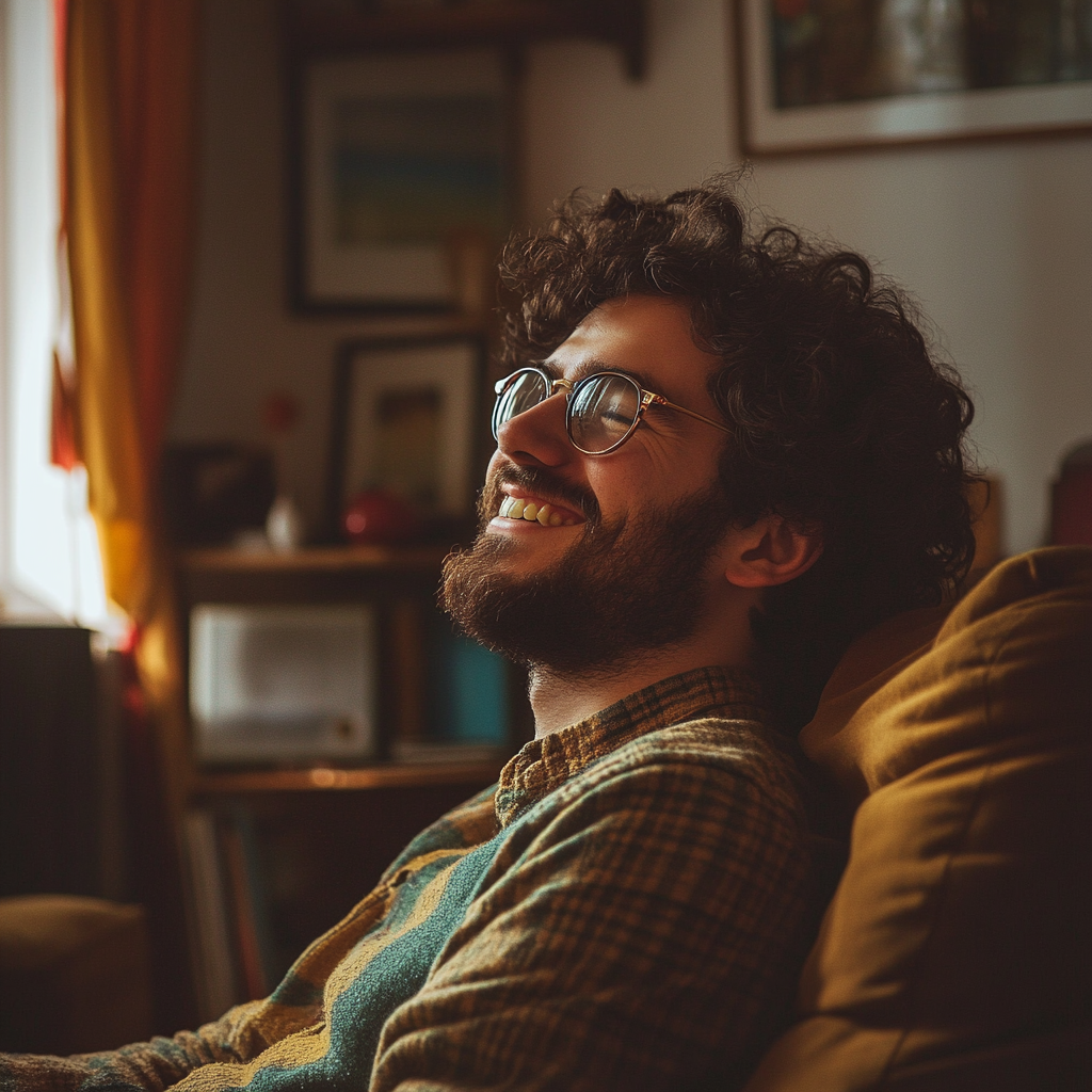 Un hombre riendo en su silla | Fuente: Midjourney