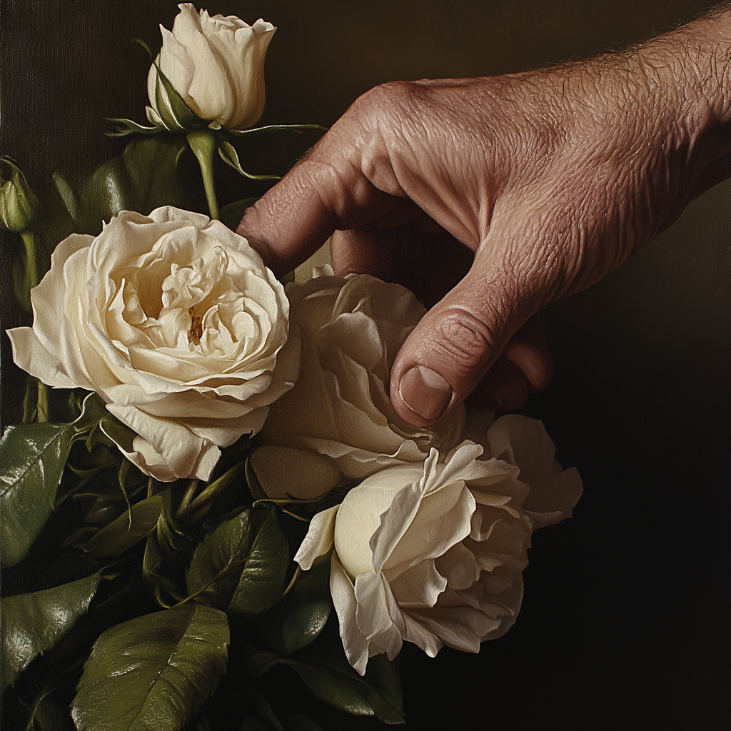 Un hombre tocando una rosa blanca de un ramo | Fuente: Midjourney