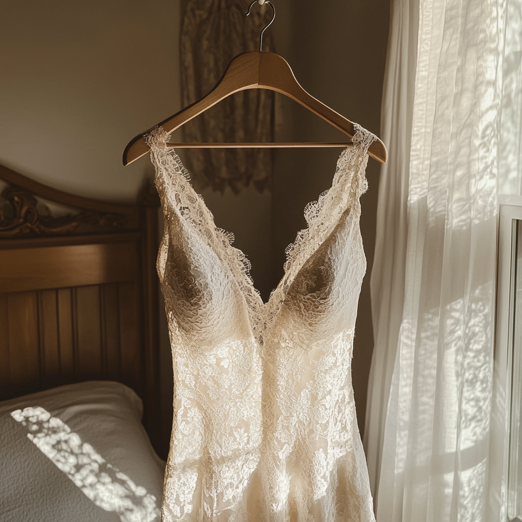 Un vestido de novia colgante | Fuente: Midjourney