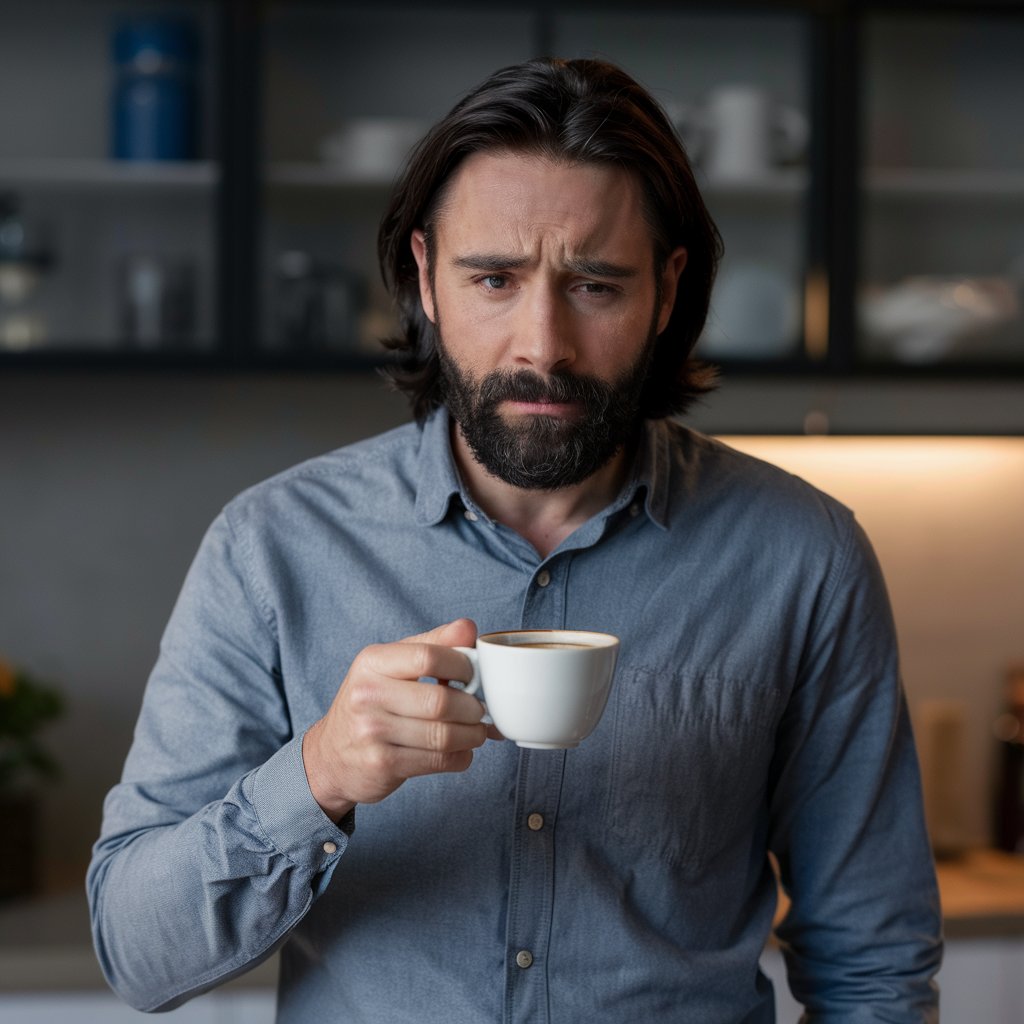 Un hombre sostiene una taza de café en una cocina, con aspecto triste | Fuente: Midjourney