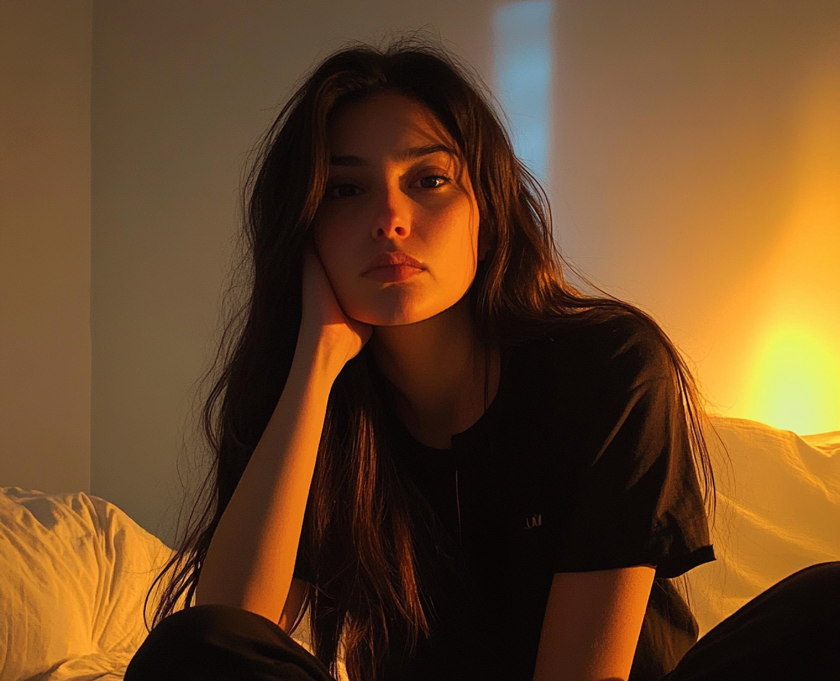 Una mujer sentada en su cama | Fuente: Midjourney