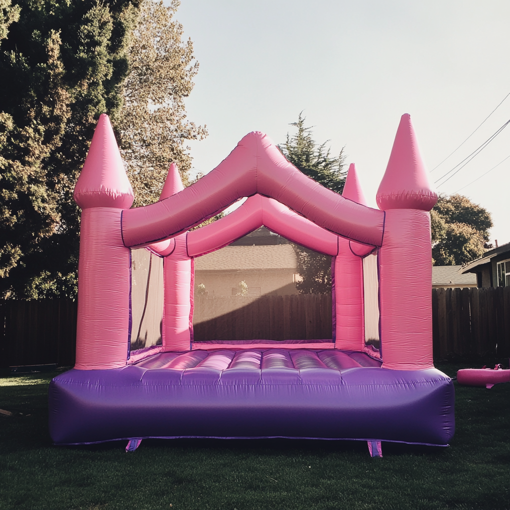 Un castillo inflable rosa y morado | Fuente: Midjourney
