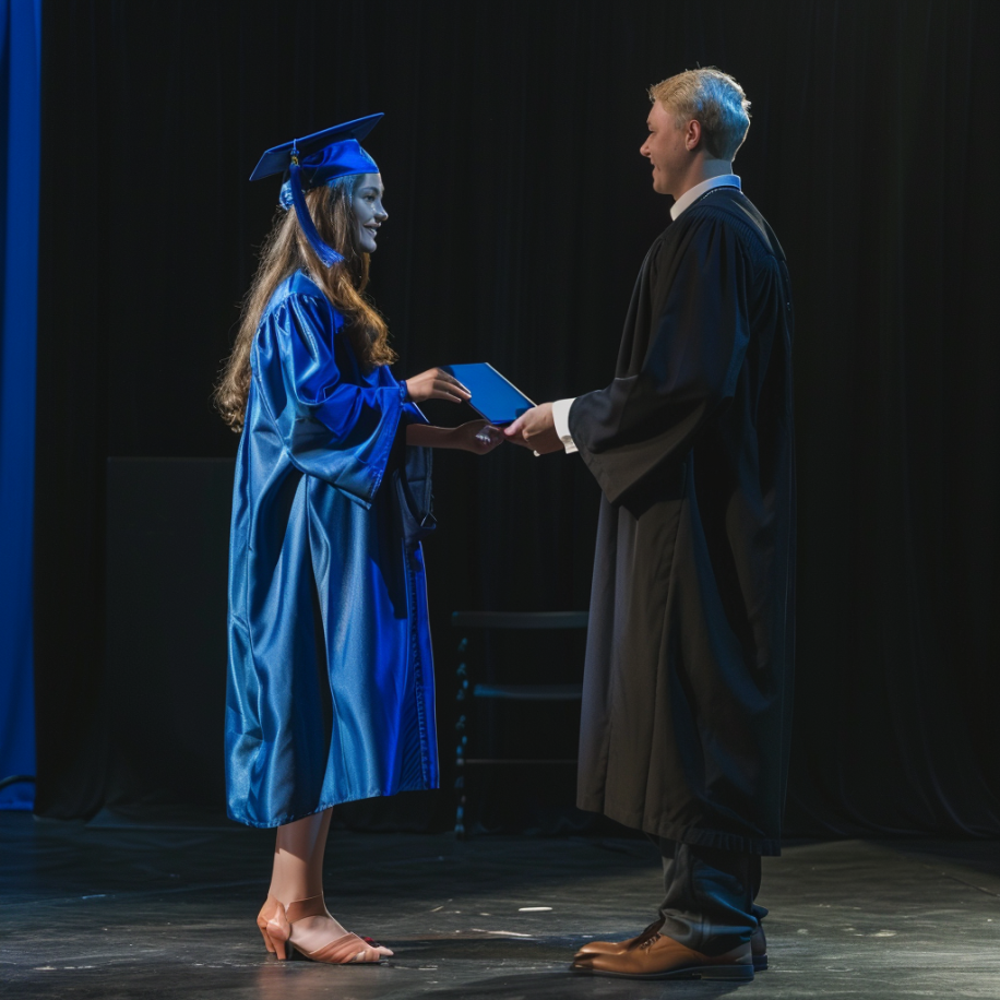 Una joven recibe su diploma de secundaria de manos del director | Fuente: Midjourney