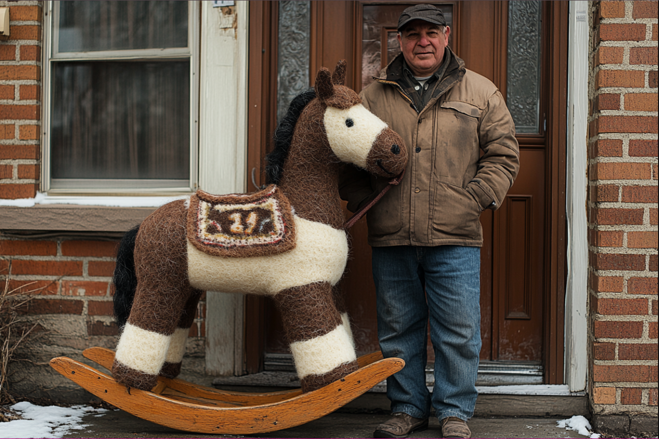 Un hombre con un caballo balancín gigante | Fuente: Midjourney