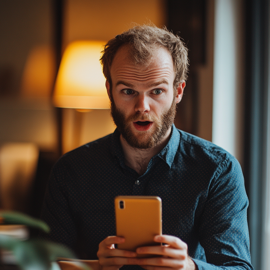 Un hombre sorprendido mirando su teléfono | Fuente: Midjourney