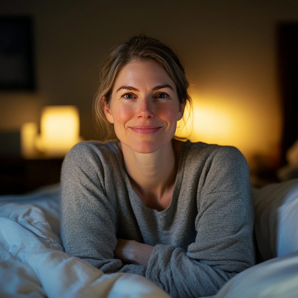 Una mujer forzando una sonrisa mientras está sentada en su cama por la noche | Fuente: Midjourney