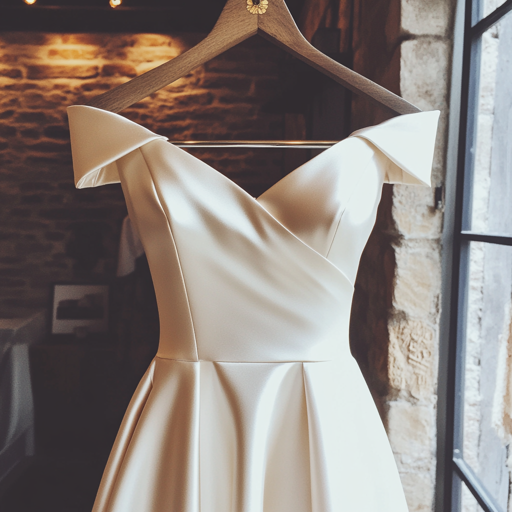 Un precioso vestido de novia en una percha | Fuente: Midjourney