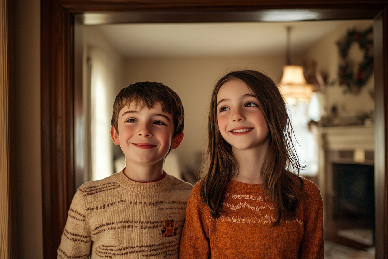 Dos niños sonriendo felices en un salón | Fuente: Midjourney