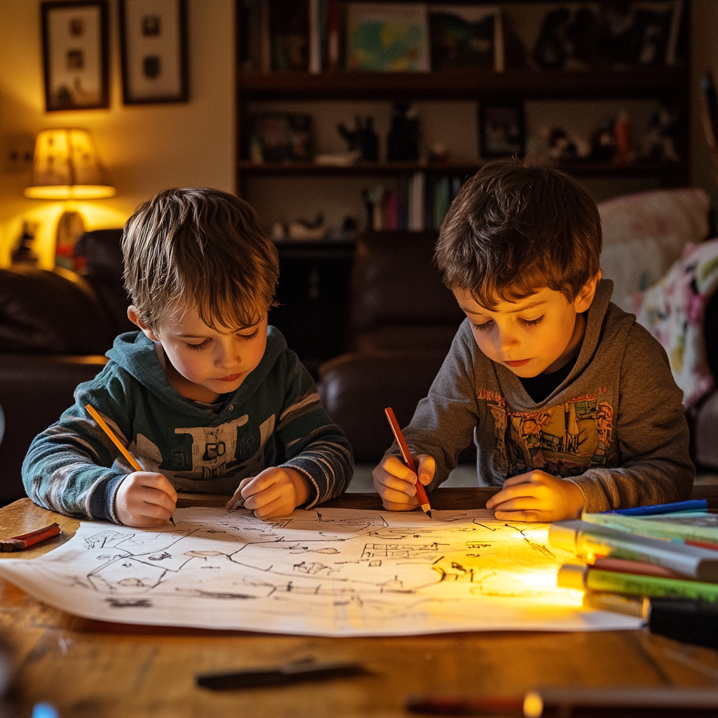 Dos hermanos dibujando un mapa del tesoro | Fuente: Midjourney