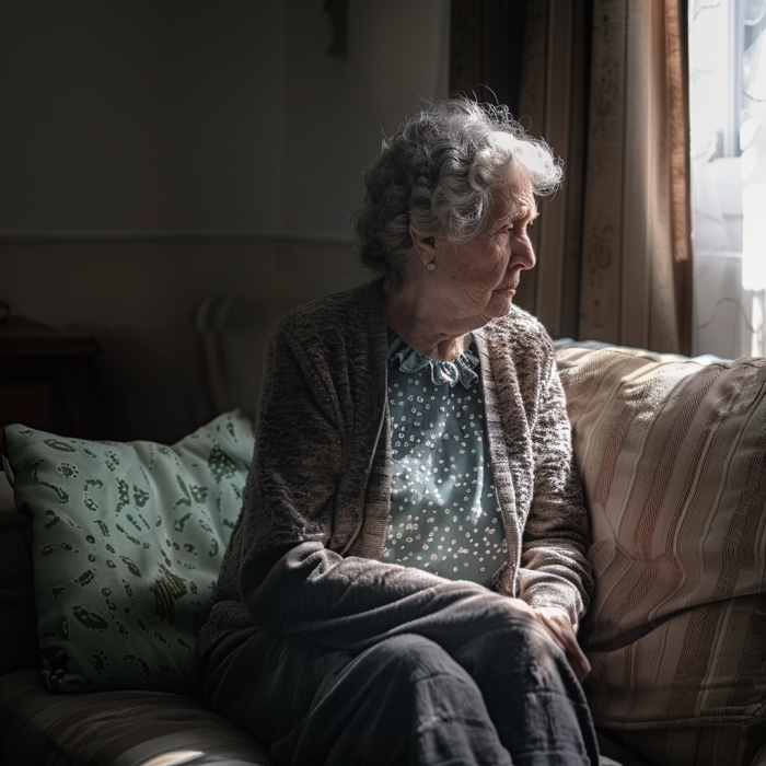 Una abuela enfadada sentada en un sofá | Fuente: Midjourney