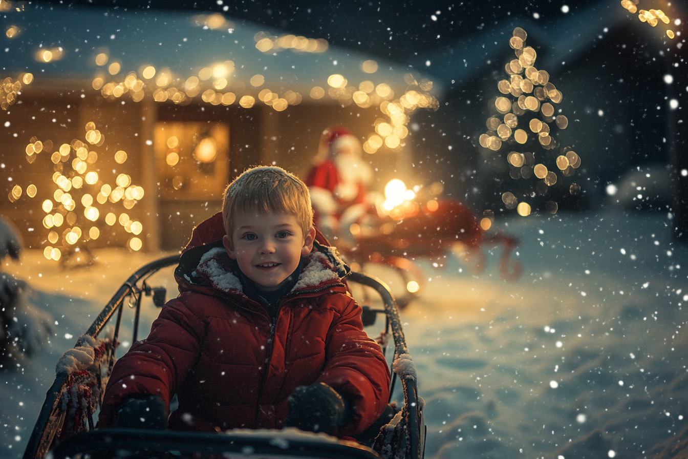 Un niño monta en trineo por un patio nevado | Fuente: Midjourney