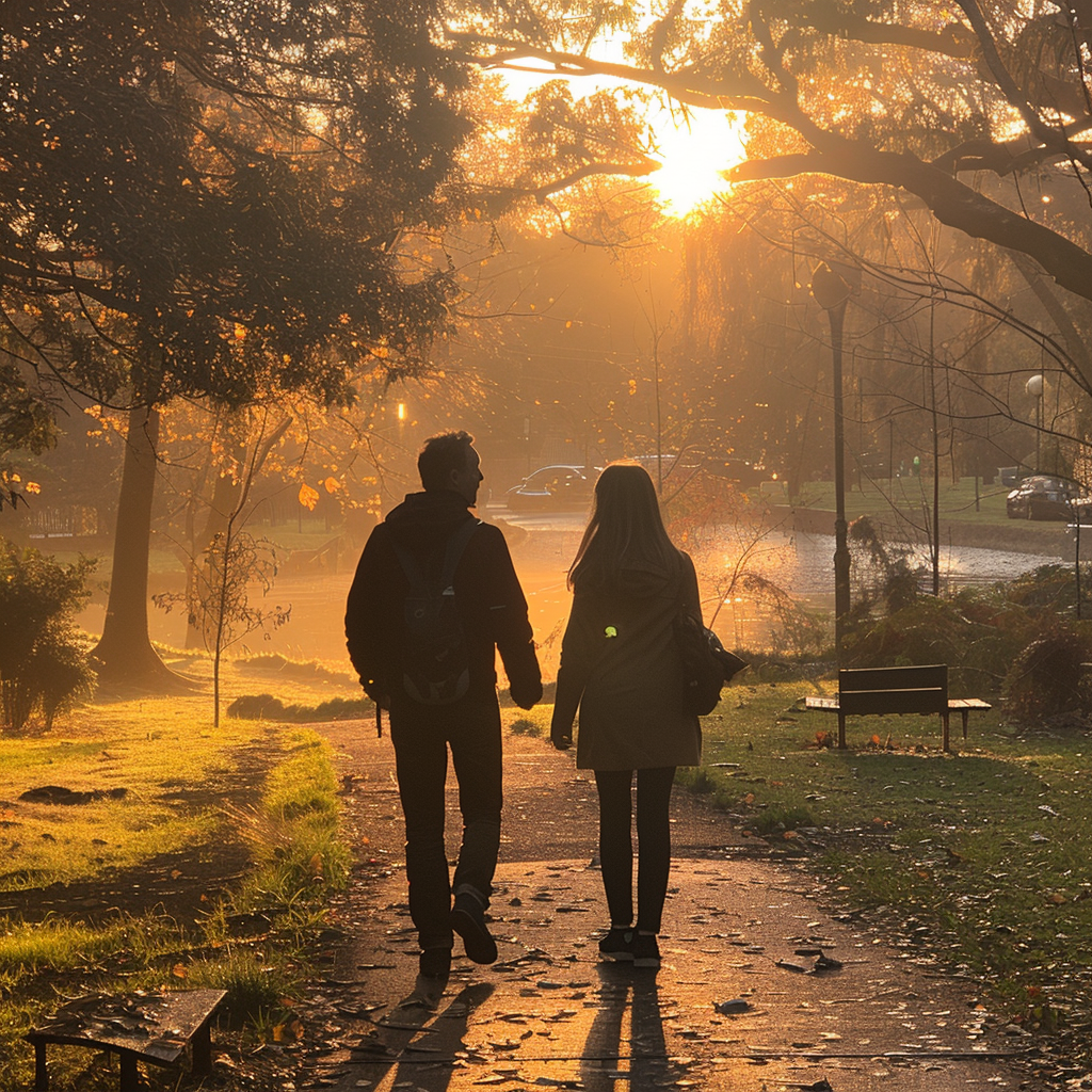 Un padre y su hija adolescente paseando por el parque | Fuente: Midjourney