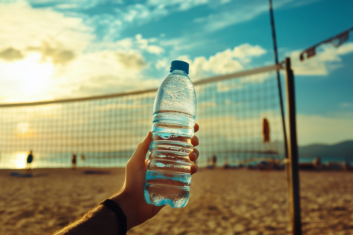 Hombre ofreciendo una botella de agua en una cancha de voleibol en la playa | Fuente: Midjourney