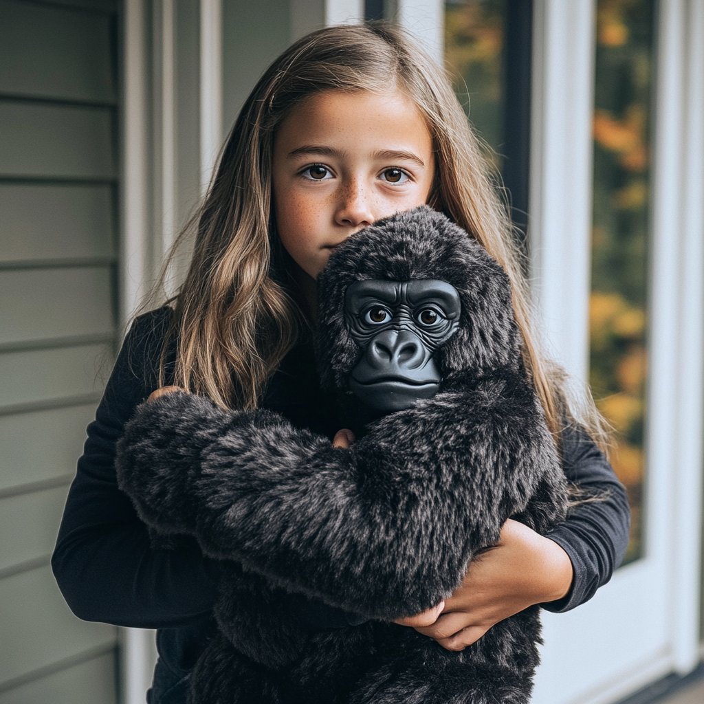 Niña sosteniendo un disfraz de gorila para Halloween | Fuente: Midjourney