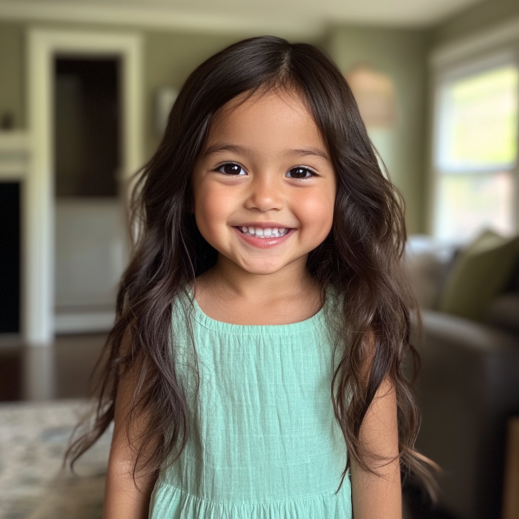 Una niña sonriente de pie en un salón | Fuente: Midjourney