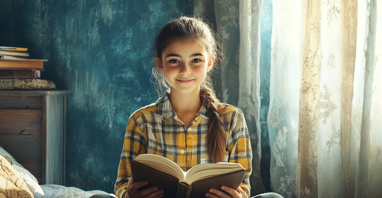 Una chica sentada en una cama con un libro | Fuente: Midjourney