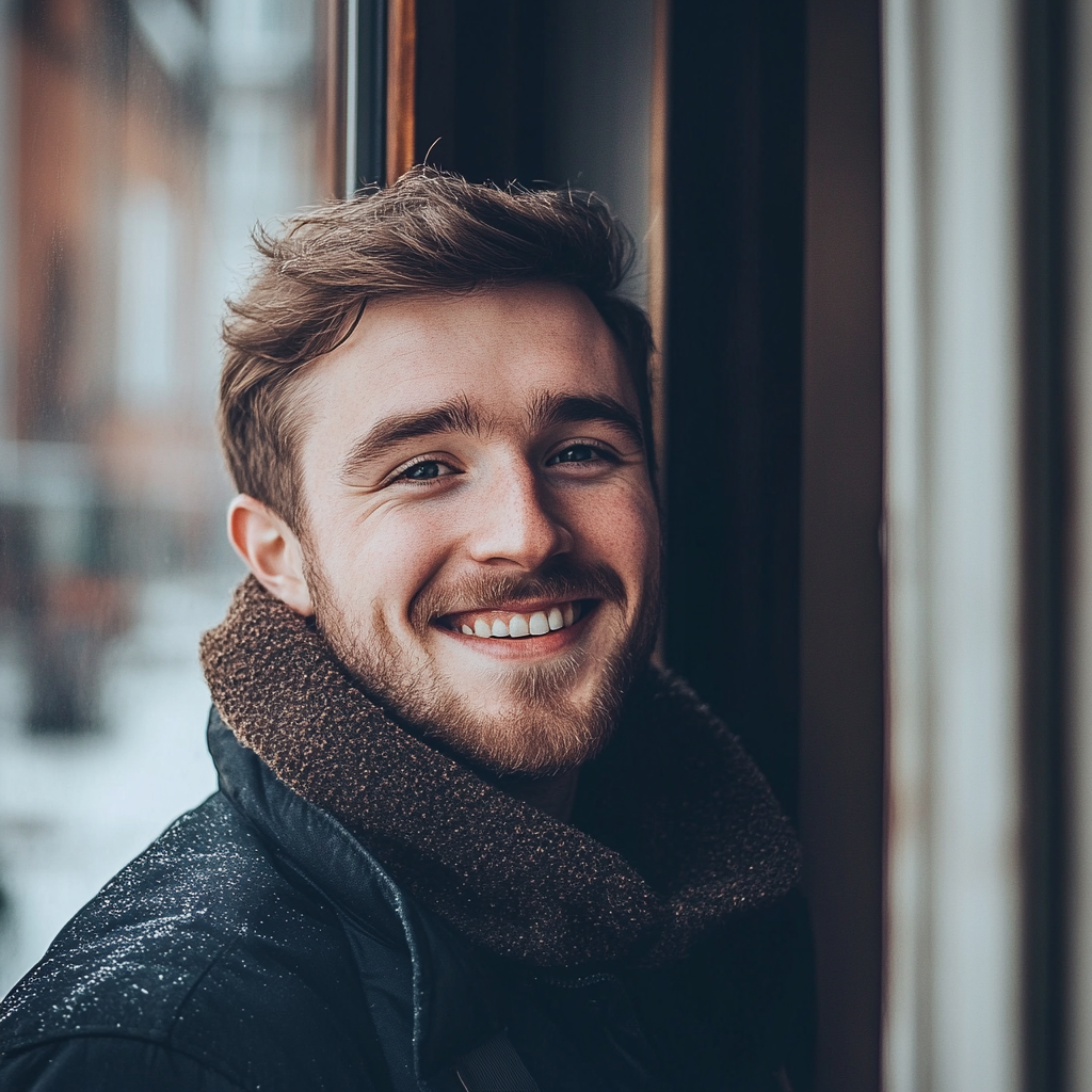 Un hombre sonriente cerca de la puerta de un piso | Fuente: Midjourney