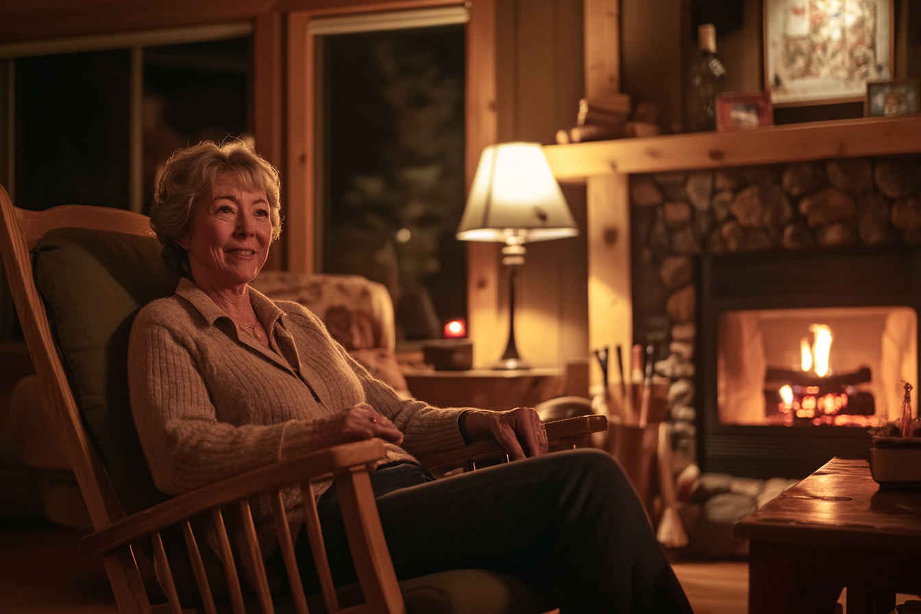 Mujer mayor en una mecedora, sonriendo delante de una chimenea en un hogar acogedor | Fuente: Midjourney