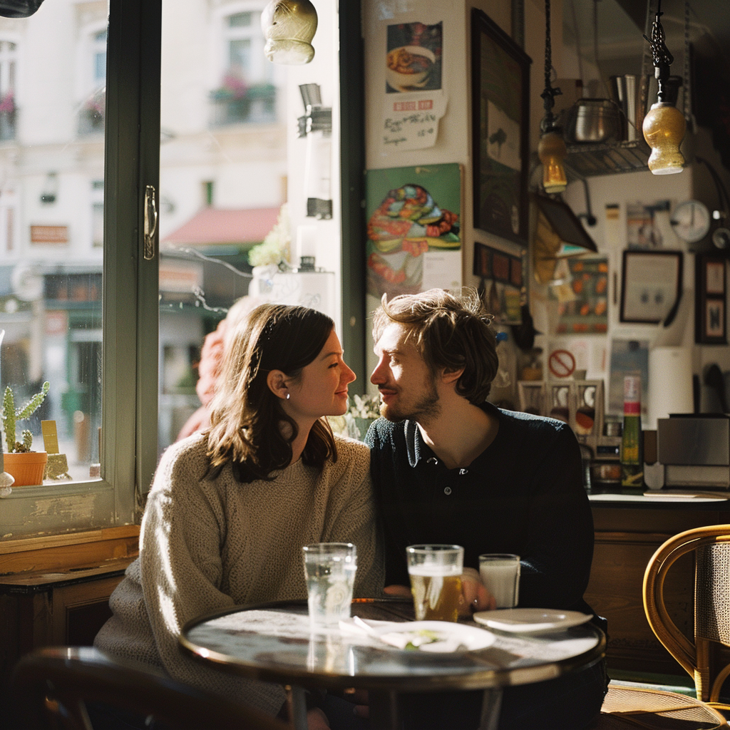 Una pareja sentada junta en un café | Fuente: Midjourney